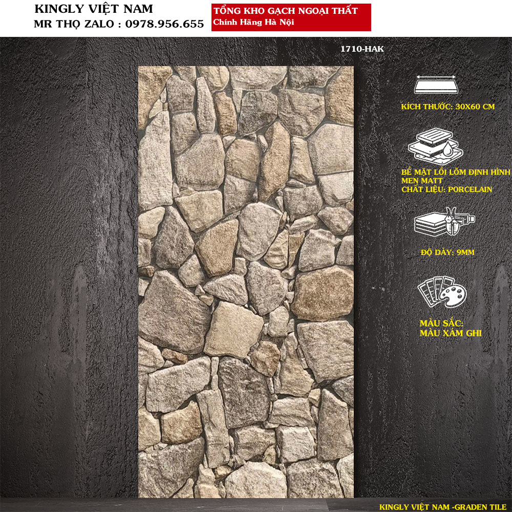 Gạch ốp tường ngoài trời 30x60 giả đá đẹp 1710